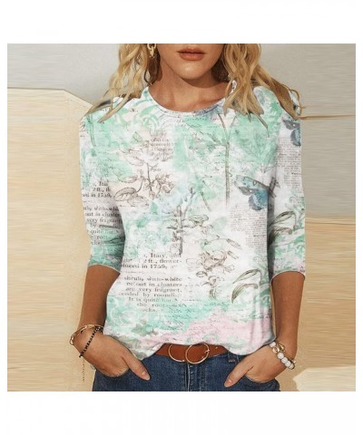 Plus Size Tops for Women 3/4 Sleeve Summer Blouses 2024 Three Quarter Sleeve Crewneck Casual Floral Print T Shirts… 03 Mint G...