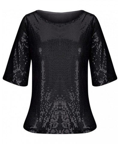 T Shirt for Women Short Sleeve Crewneck Sequin Sparkly Glitter Solid Color Tee Shirt Tops Women Trendy V-382 Black $7.01 T-Sh...