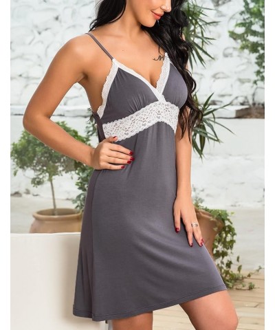 Sleepwear Womens Chemise Nightgown Full Slip Lace Lounge Dress Viscose-gray $12.09 Sleep & Lounge