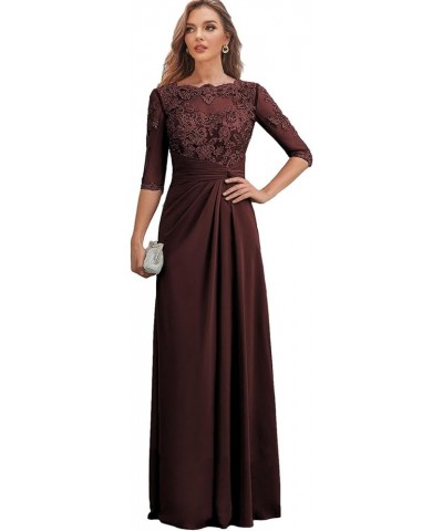 Long Mother of The Bride Dresses with Sleeves Ruched Chiffon Wedding Guest Dress Lace Formal Gown Burgundy $36.40 Dresses