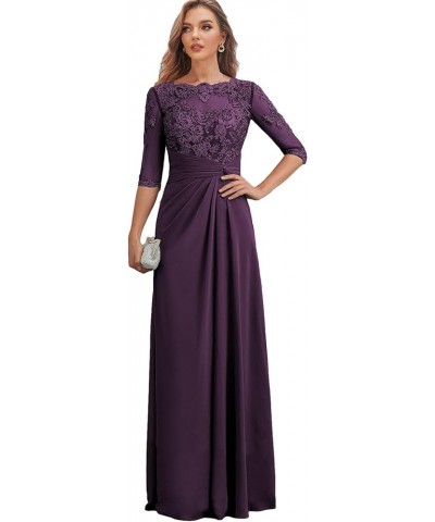 Long Mother of The Bride Dresses with Sleeves Ruched Chiffon Wedding Guest Dress Lace Formal Gown Burgundy $36.40 Dresses