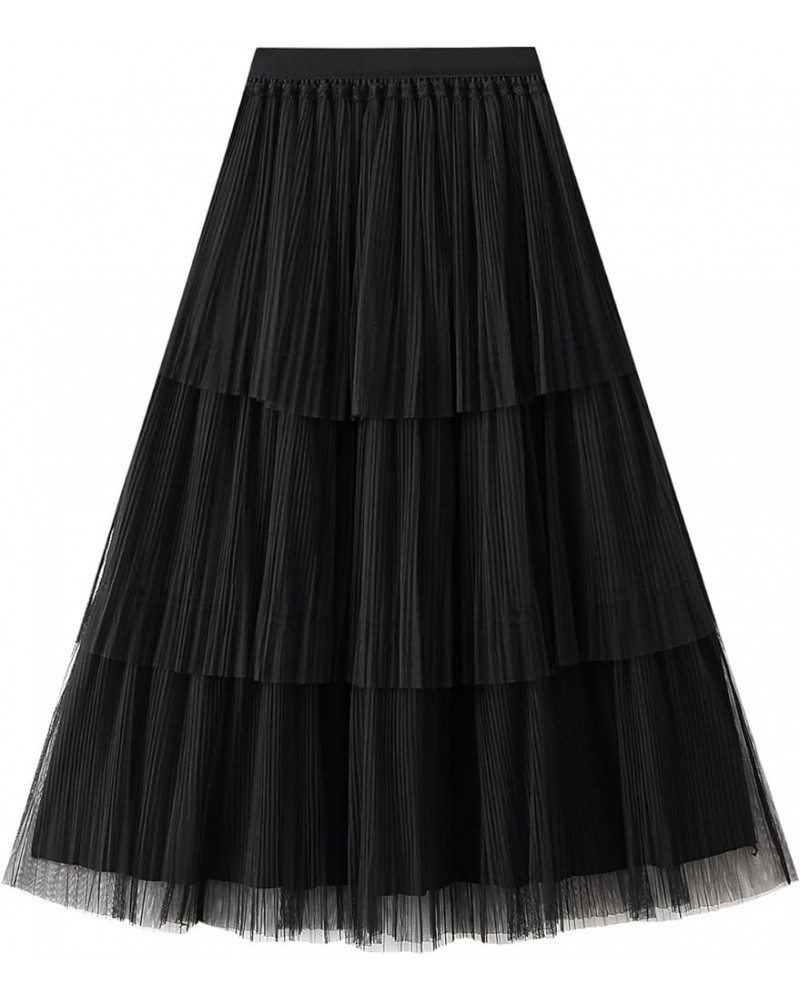 A Line Tiered Long Skirts for Women Tea Length Skirts Layered Midi Tulle Skirt Elastic High Waist Lace Mesh Skirt 12-black $1...