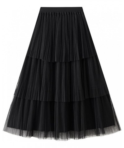 A Line Tiered Long Skirts for Women Tea Length Skirts Layered Midi Tulle Skirt Elastic High Waist Lace Mesh Skirt 12-black $1...