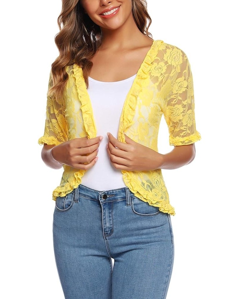 Women's Lace Crochet Cardigan Ruffle Half Sleeve Open Front Casual Bolero Shrug Royal S-XXL Yellow $10.56 Sweaters