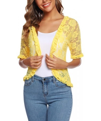 Women's Lace Crochet Cardigan Ruffle Half Sleeve Open Front Casual Bolero Shrug Royal S-XXL Yellow $10.56 Sweaters