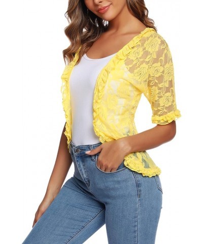 Women's Lace Crochet Cardigan Ruffle Half Sleeve Open Front Casual Bolero Shrug Royal S-XXL Yellow $10.56 Sweaters