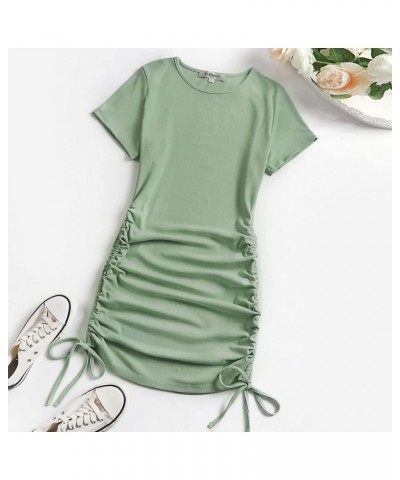 Women's Drawstring Mini Dress Ruched Sexy Short Sleeve Casual Bodycon Party Club Dresses Pea Green $17.84 Dresses