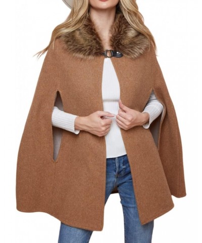 Women Winter Faux Fur Trimmed Neck Poncho Cape Coat Jacket $31.17 Coats