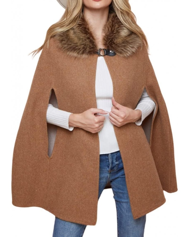 Women Winter Faux Fur Trimmed Neck Poncho Cape Coat Jacket $31.17 Coats