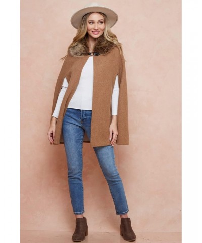 Women Winter Faux Fur Trimmed Neck Poncho Cape Coat Jacket $31.17 Coats