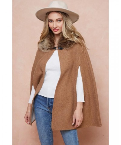 Women Winter Faux Fur Trimmed Neck Poncho Cape Coat Jacket $31.17 Coats