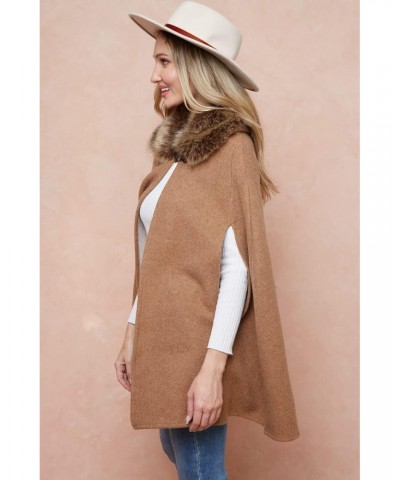 Women Winter Faux Fur Trimmed Neck Poncho Cape Coat Jacket $31.17 Coats