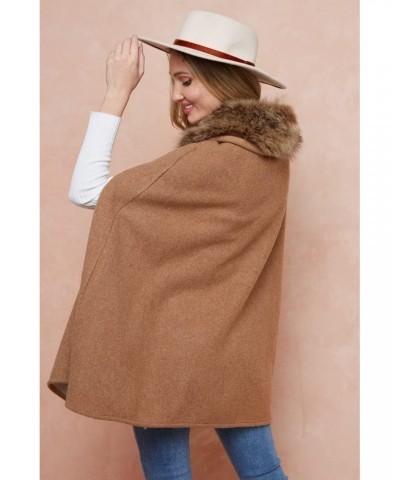 Women Winter Faux Fur Trimmed Neck Poncho Cape Coat Jacket $31.17 Coats