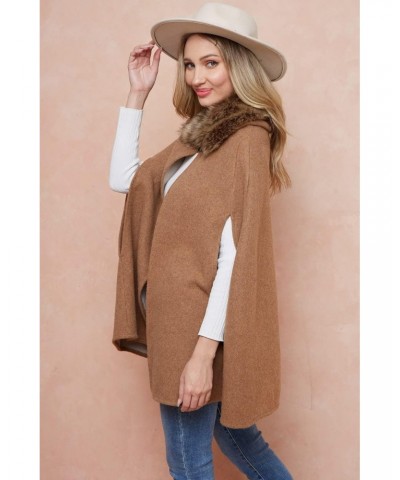 Women Winter Faux Fur Trimmed Neck Poncho Cape Coat Jacket $31.17 Coats