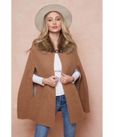 Women Winter Faux Fur Trimmed Neck Poncho Cape Coat Jacket $31.17 Coats