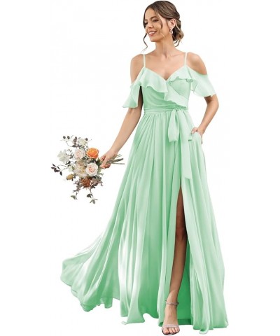 Women's Bridesmaid Dresses with Slit Long Cold Shoulder Chiffon Formal Party Dress with Pockets YJ102 Mint $33.60 Dresses