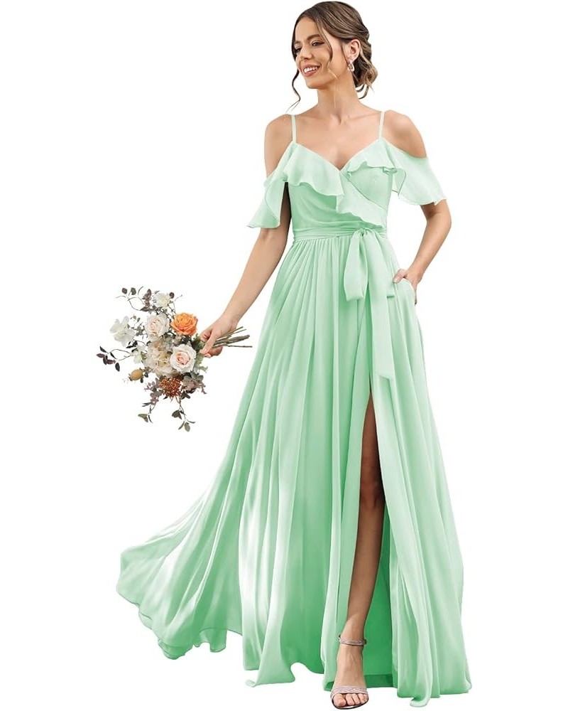 Women's Bridesmaid Dresses with Slit Long Cold Shoulder Chiffon Formal Party Dress with Pockets YJ102 Mint $33.60 Dresses