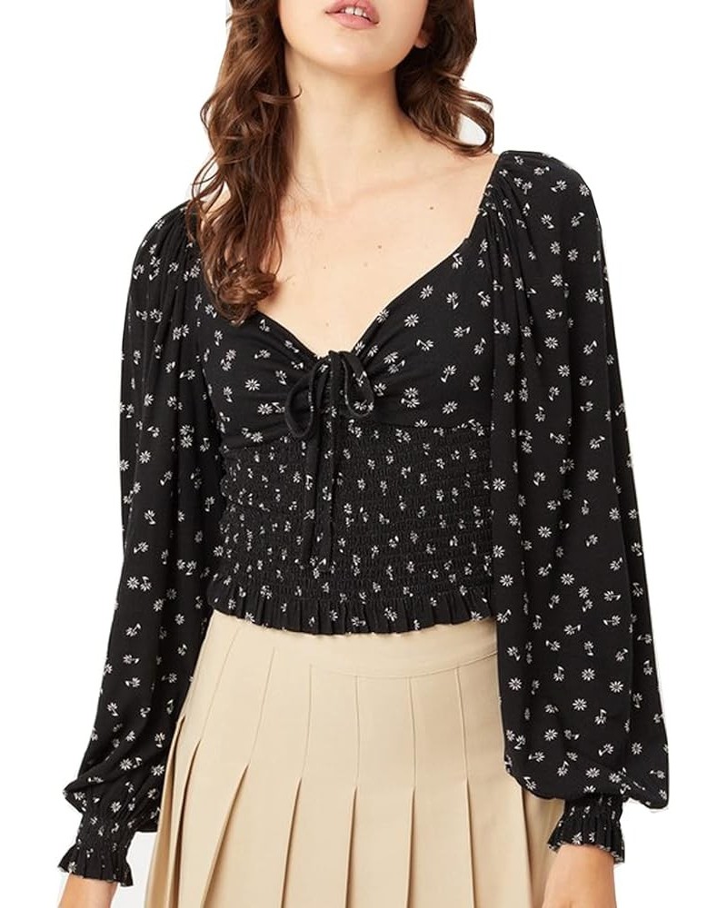 Women Sweetheart Neckline Long Sleeve Smocked Floral Jersey Blouse Top A Black $18.21 Blouses