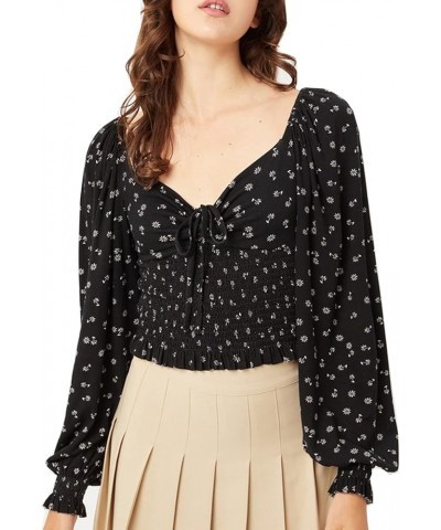 Women Sweetheart Neckline Long Sleeve Smocked Floral Jersey Blouse Top A Black $18.21 Blouses