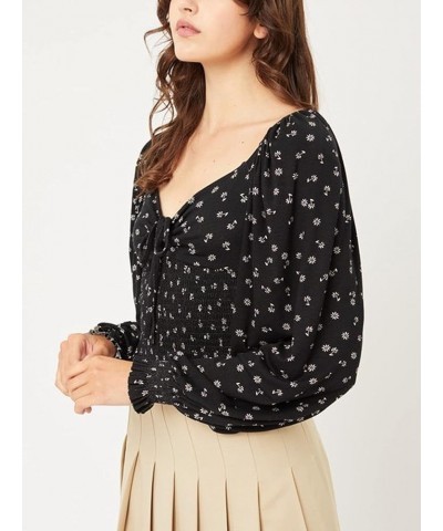 Women Sweetheart Neckline Long Sleeve Smocked Floral Jersey Blouse Top A Black $18.21 Blouses