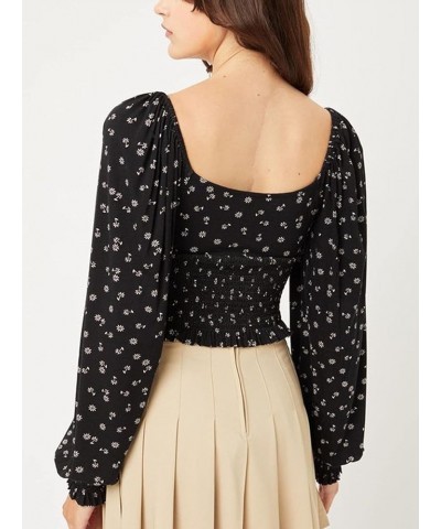 Women Sweetheart Neckline Long Sleeve Smocked Floral Jersey Blouse Top A Black $18.21 Blouses