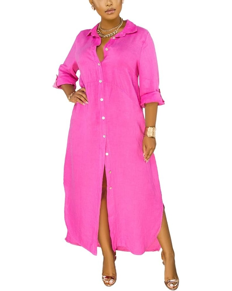 Women's Button Down Maxi Shirts - Casual Loose Long Sleeve Roll Up Shirt Dress Split Dresses B Fuchsia $17.40 Dresses