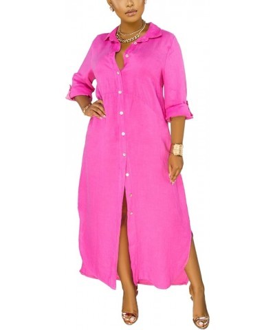 Women's Button Down Maxi Shirts - Casual Loose Long Sleeve Roll Up Shirt Dress Split Dresses B Fuchsia $17.40 Dresses