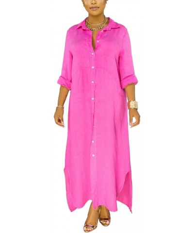 Women's Button Down Maxi Shirts - Casual Loose Long Sleeve Roll Up Shirt Dress Split Dresses B Fuchsia $17.40 Dresses