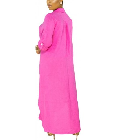 Women's Button Down Maxi Shirts - Casual Loose Long Sleeve Roll Up Shirt Dress Split Dresses B Fuchsia $17.40 Dresses