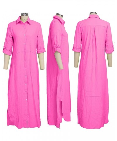 Women's Button Down Maxi Shirts - Casual Loose Long Sleeve Roll Up Shirt Dress Split Dresses B Fuchsia $17.40 Dresses