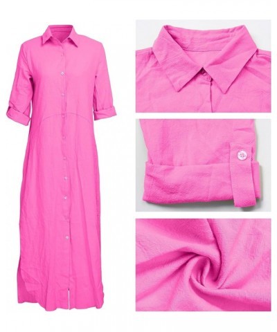 Women's Button Down Maxi Shirts - Casual Loose Long Sleeve Roll Up Shirt Dress Split Dresses B Fuchsia $17.40 Dresses