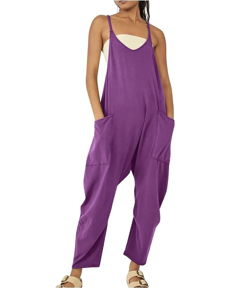 Jumpsuits for Women Stretchy Casual V Neck One Piece Spaghetti Strap Dressy Overalls Loose Comfy Summer Rompers Light Purple ...