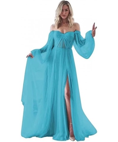 Women's Puffy Sleeves Prom Dresses Off The Shoulder Boho Wedding Dress A Line Long Tulle Ball Gowns with Slit Aqua $37.40 Dre...