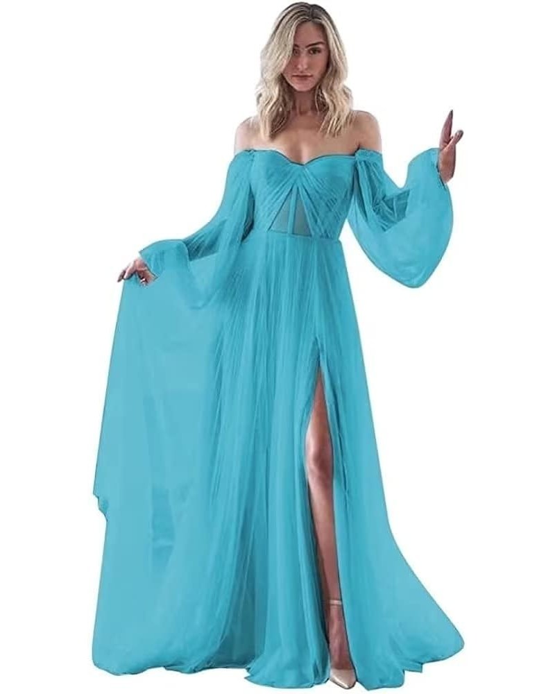 Women's Puffy Sleeves Prom Dresses Off The Shoulder Boho Wedding Dress A Line Long Tulle Ball Gowns with Slit Aqua $37.40 Dre...