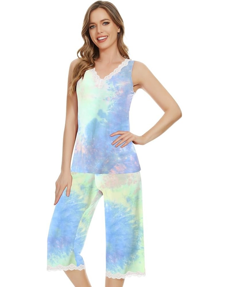 Pajamas Set for Women Tank Top with Capri Pants Pajama Cool Sleepwear Sleeveless Pjs S-4XL B-pg Tie-dye $20.70 Sleep & Lounge