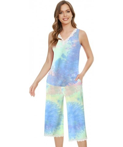 Pajamas Set for Women Tank Top with Capri Pants Pajama Cool Sleepwear Sleeveless Pjs S-4XL B-pg Tie-dye $20.70 Sleep & Lounge