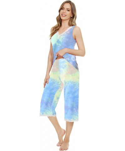 Pajamas Set for Women Tank Top with Capri Pants Pajama Cool Sleepwear Sleeveless Pjs S-4XL B-pg Tie-dye $20.70 Sleep & Lounge