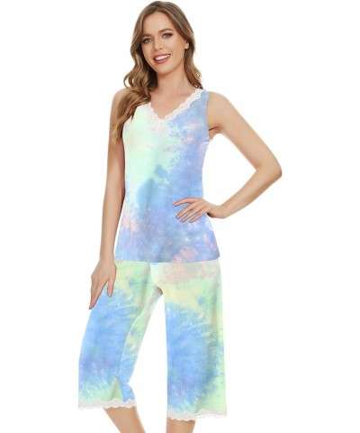 Pajamas Set for Women Tank Top with Capri Pants Pajama Cool Sleepwear Sleeveless Pjs S-4XL B-pg Tie-dye $20.70 Sleep & Lounge