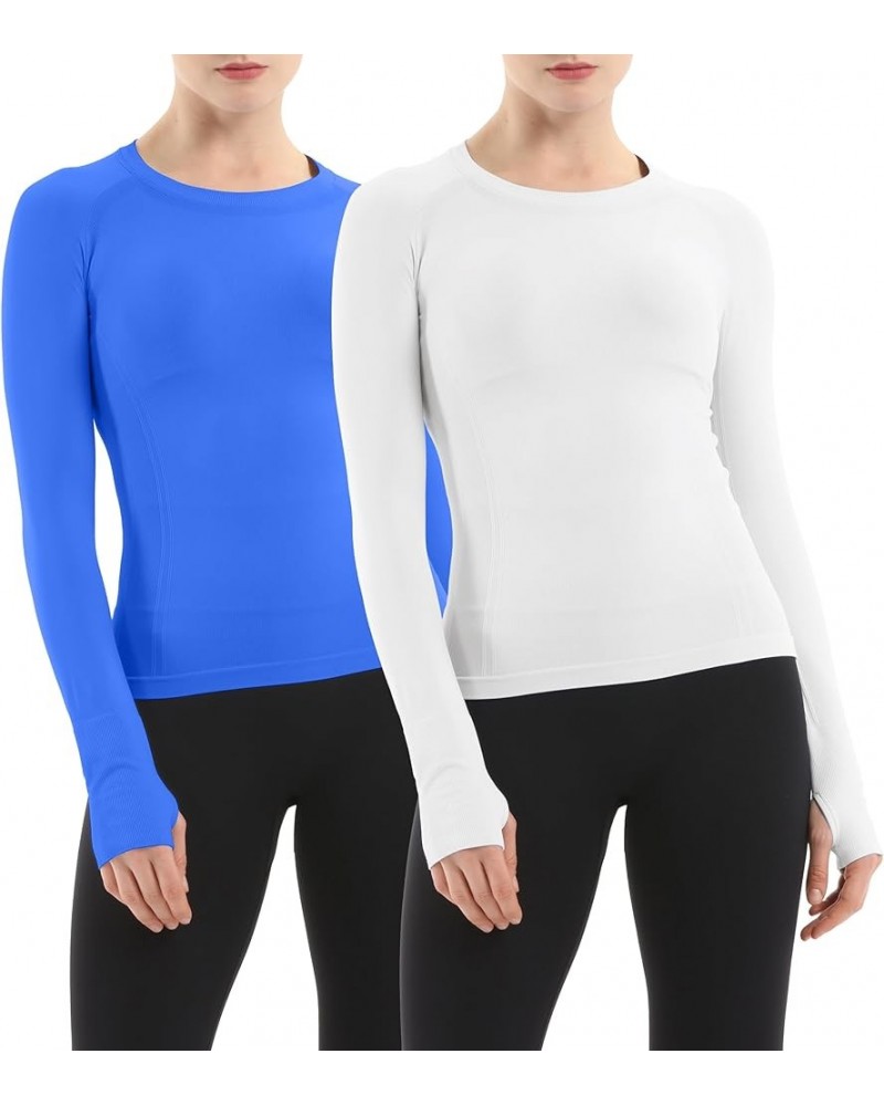 Seamless Workout Shirts for Women Long Sleeve Yoga Running Shirt Breathable Athletic Tops Slim Fit 2 Pack White & Lakeblue $2...