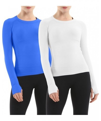 Seamless Workout Shirts for Women Long Sleeve Yoga Running Shirt Breathable Athletic Tops Slim Fit 2 Pack White & Lakeblue $2...