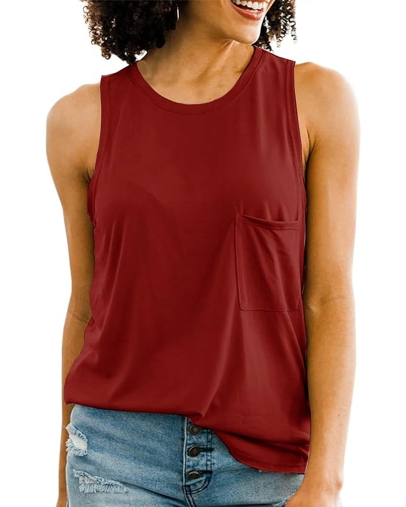 Women's Crew Neck Loose Fit Flowy Tank Top Basic Cotton Sleeveless Shirt Pocket Burgundy Red $13.74 Tanks