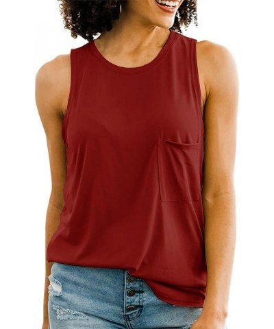 Women's Crew Neck Loose Fit Flowy Tank Top Basic Cotton Sleeveless Shirt Pocket Burgundy Red $13.74 Tanks