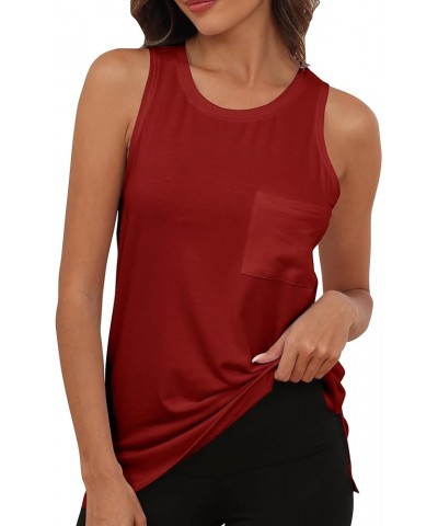 Women's Crew Neck Loose Fit Flowy Tank Top Basic Cotton Sleeveless Shirt Pocket Burgundy Red $13.74 Tanks