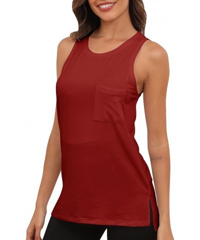 Women's Crew Neck Loose Fit Flowy Tank Top Basic Cotton Sleeveless Shirt Pocket Burgundy Red $13.74 Tanks