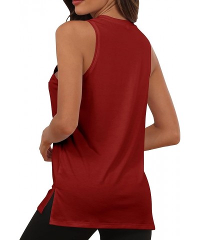 Women's Crew Neck Loose Fit Flowy Tank Top Basic Cotton Sleeveless Shirt Pocket Burgundy Red $13.74 Tanks