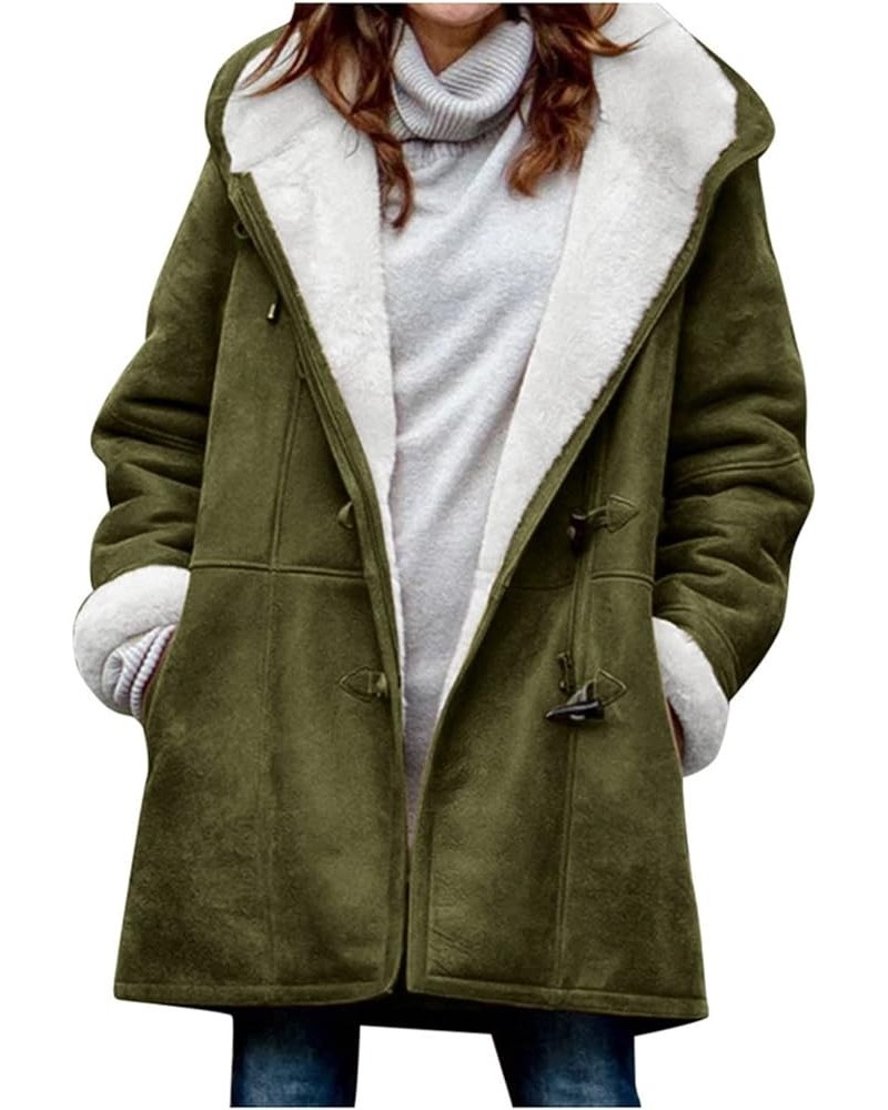 Winter Coats for Women Warm Sherpa Lined Faux Suede Horn Buttons Jackets Trendy Hooded Outerwear with Pockets A04-army Green ...