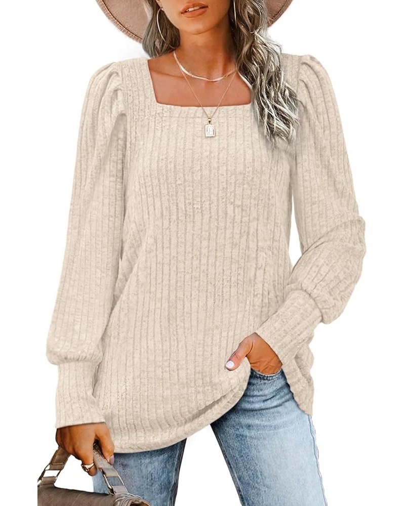 Long Sleeve Shirts for Women Trendy Casual Square Neck Tops Lightweight Sweaters 10-cream $16.80 Tops