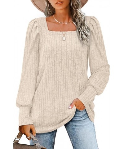 Long Sleeve Shirts for Women Trendy Casual Square Neck Tops Lightweight Sweaters 10-cream $16.80 Tops