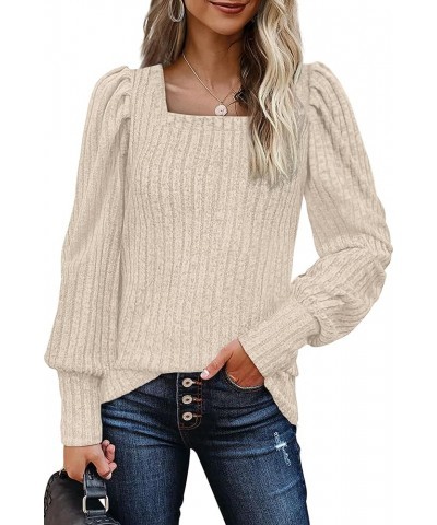 Long Sleeve Shirts for Women Trendy Casual Square Neck Tops Lightweight Sweaters 10-cream $16.80 Tops