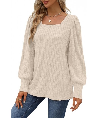 Long Sleeve Shirts for Women Trendy Casual Square Neck Tops Lightweight Sweaters 10-cream $16.80 Tops